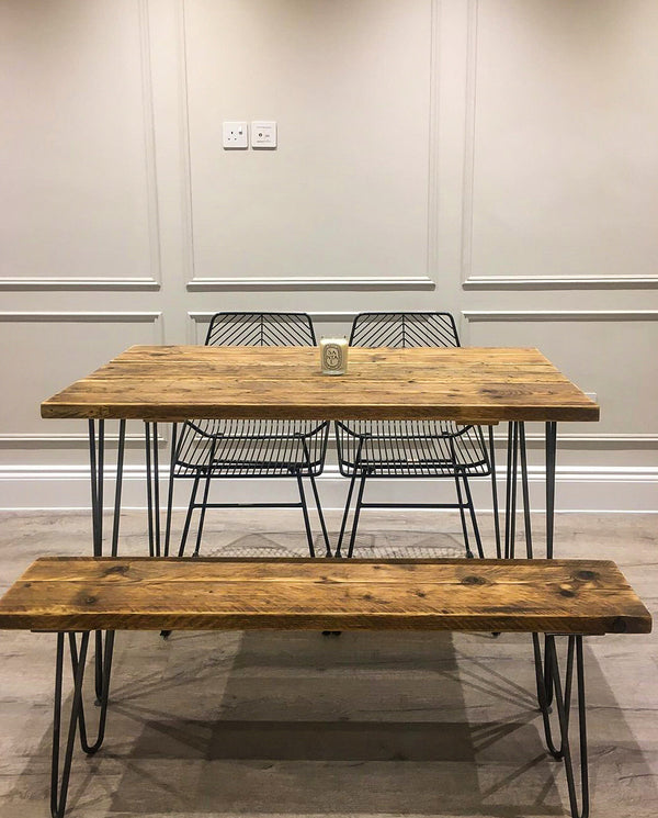scaffold board table with one bench and two chairs 