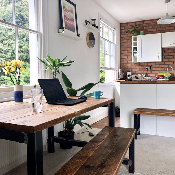 Rustic Industrial, Reclaimed Timber Scaffold Board dining table and home office desk with Bench with Steel legs