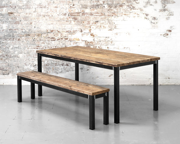 Rustic, industrial, reclaimed timber scaffold board dining table with bench options on raw steel base