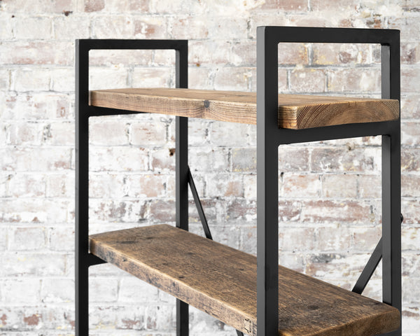 rustic shelving, reclaimed wood shelves on black steel frame
