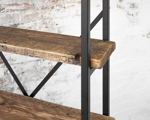rustic wooden shelves on black steel frame