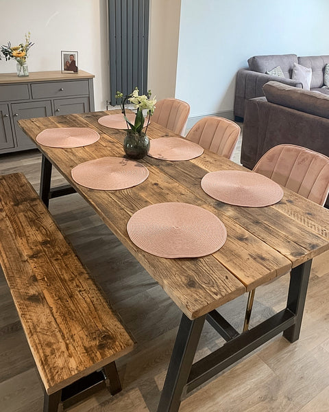 Industrial dining table, reclaimed timber scaffold board dining table and bench set