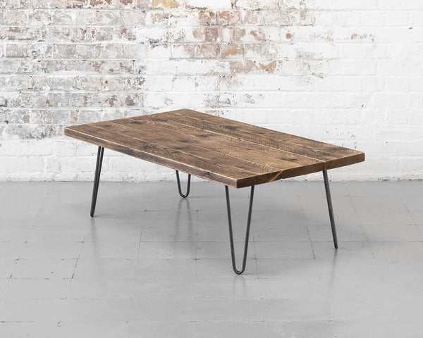 Rustic coffee table, reclaimed timber scaffold board coffee table on bare steel hairpin legs