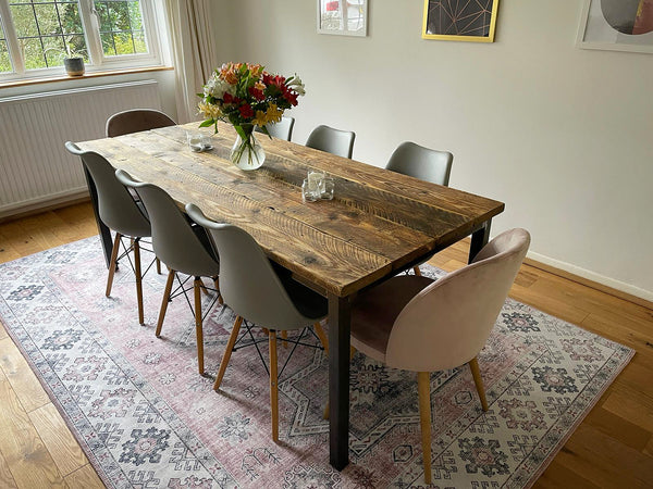 Rustic Industrial, Reclaimed Timber Scaffold Board Dining Table and chairs with Steel legs