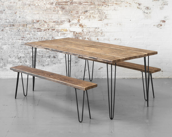 Rustic Dining Table and two benches Reclaimed Timber Scaffold Boards Steel Hairpin Legs