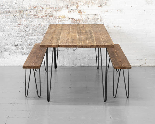 Rustic restaurant Table and two benches Reclaimed Timber Scaffold Boards Steel Hairpin Legs