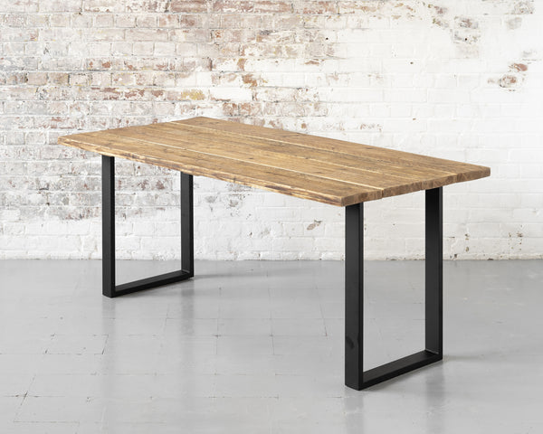 Industrial reclaimed timber scaffold board dining table with bench and square frame office desk