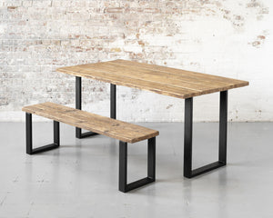 Industrial reclaimed timber scaffold board dining table with bench and square frame base