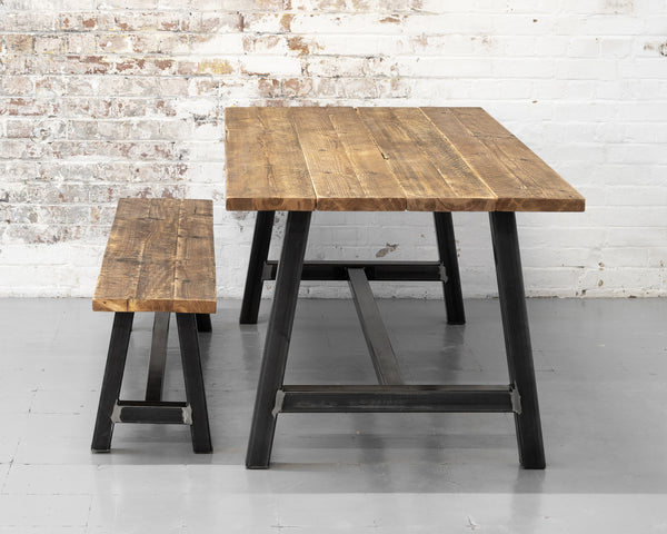 Rustic Industrial, Reclaimed Timber Scaffold Board Dining Table | Bench Options | Steel Trestle Base