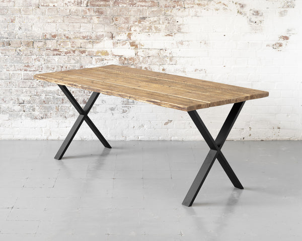 rustic wood restaurant table with black x frame legs