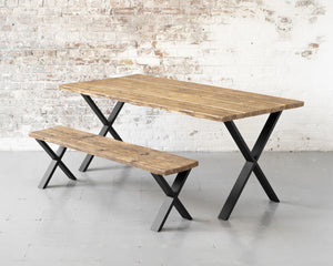 Industrial reclaimed timber table with bench on X frame