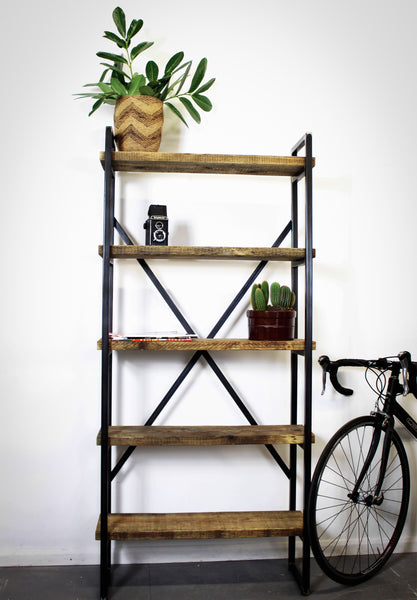rustic wooden shelves, bookcase on steel frame 